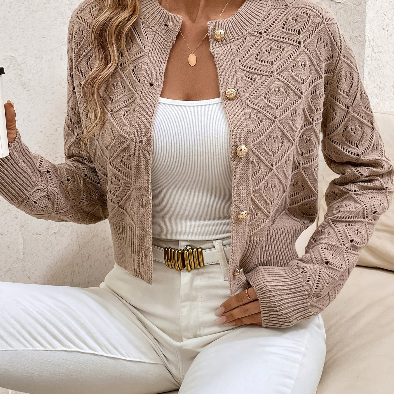 Camille - Cardigan Élégant Boutonné Ajouré