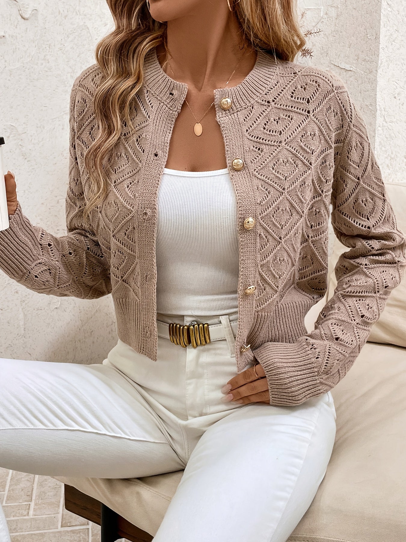 Camille - Cardigan Élégant Boutonné Ajouré
