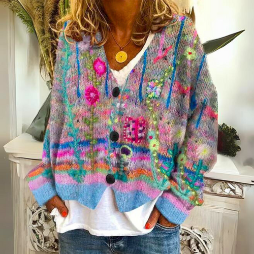 Charlotte - Cardigan Bohème Multicolore Broderies Florales Femme