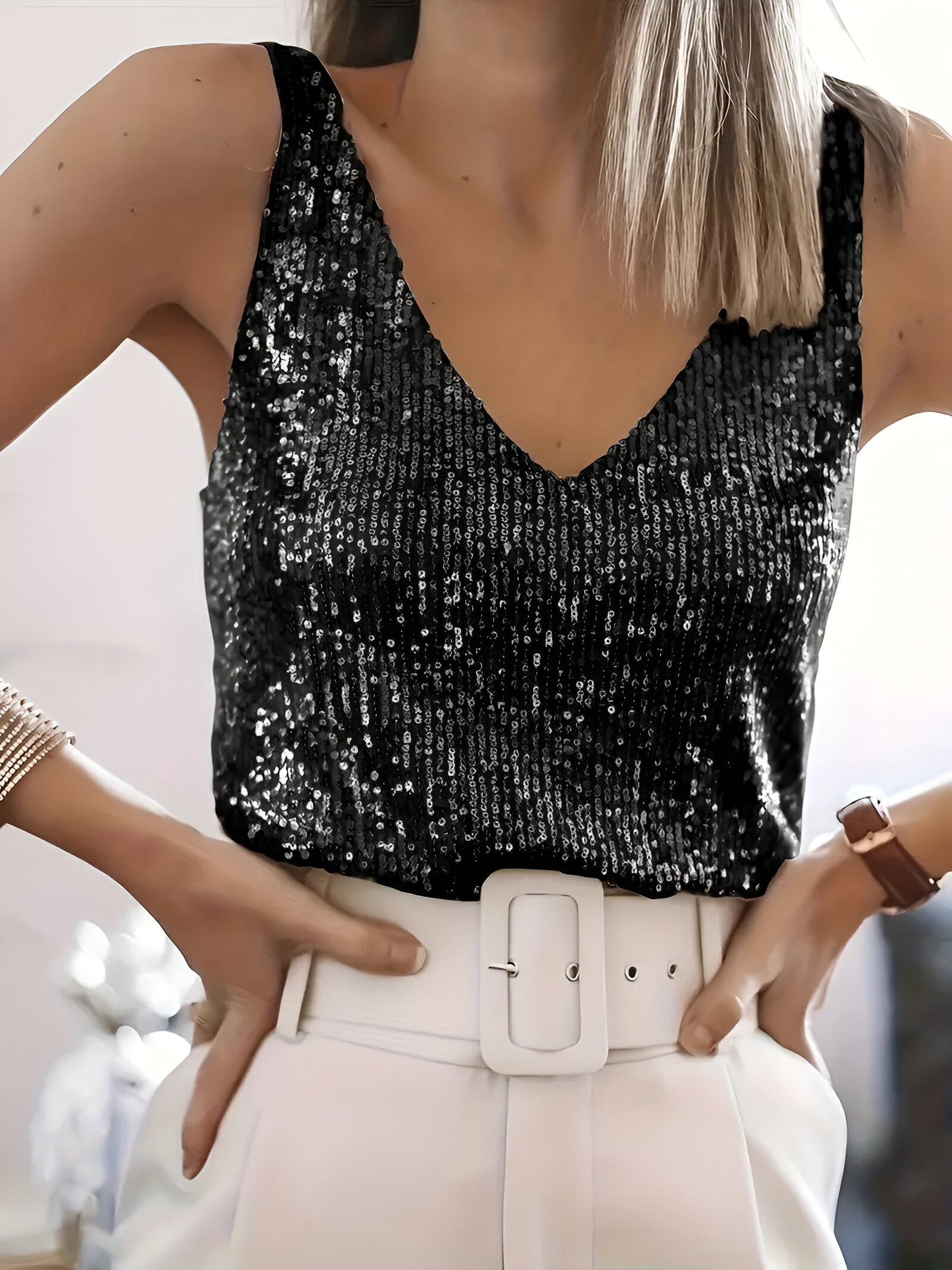 Débardeur Femme À Paillettes Sans Manches Col V - Léna