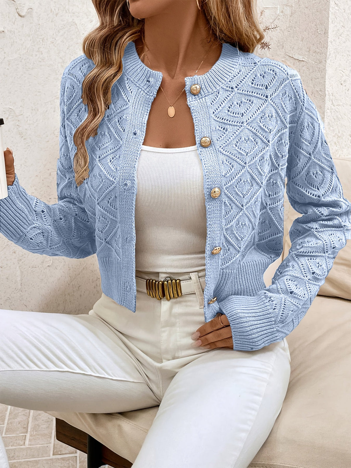 Camille - Cardigan Élégant Boutonné Ajouré