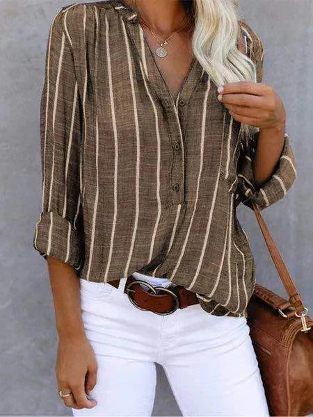 Blouse Femme Rayée Manches Longues Col V - Camille