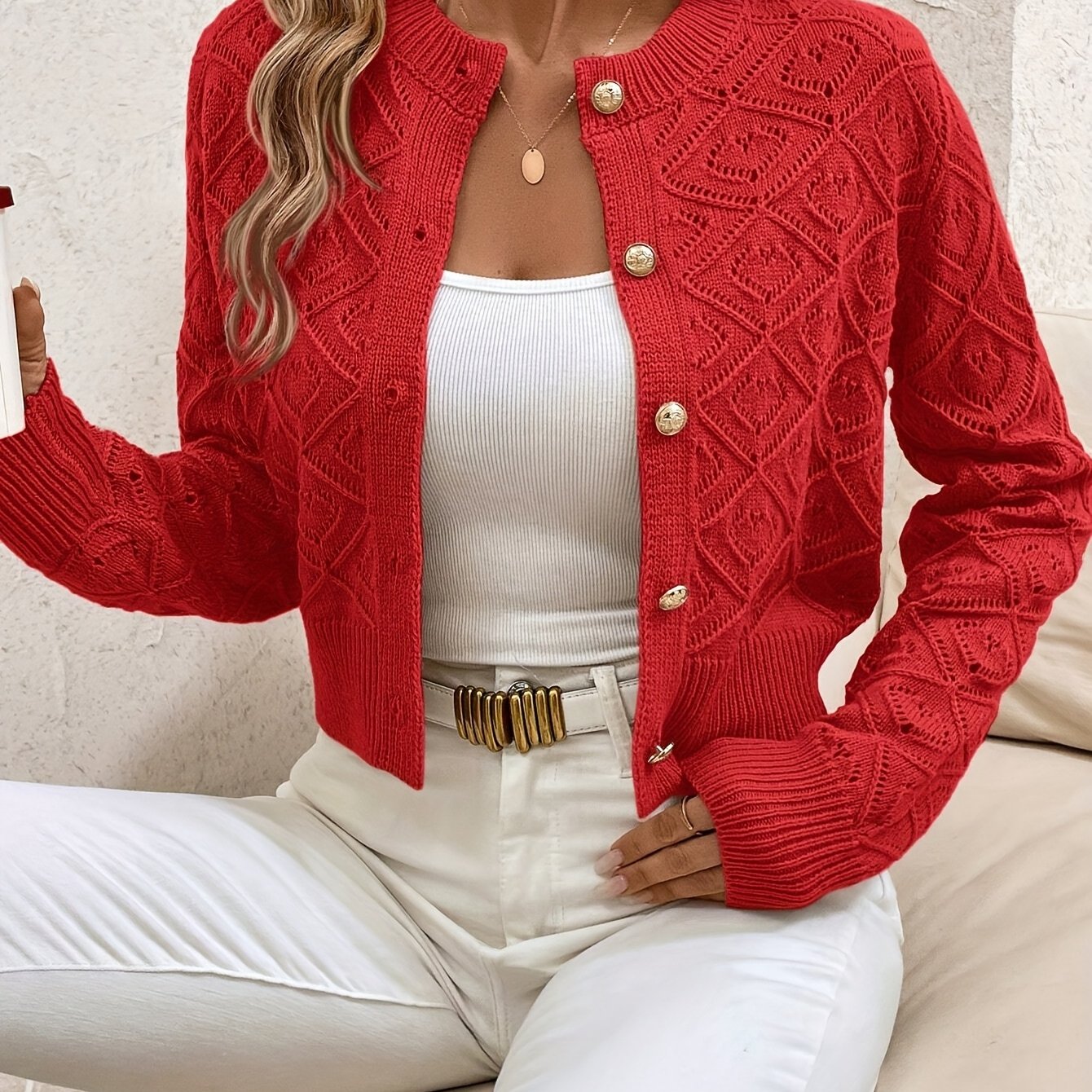 Camille - Cardigan Élégant Boutonné Ajouré