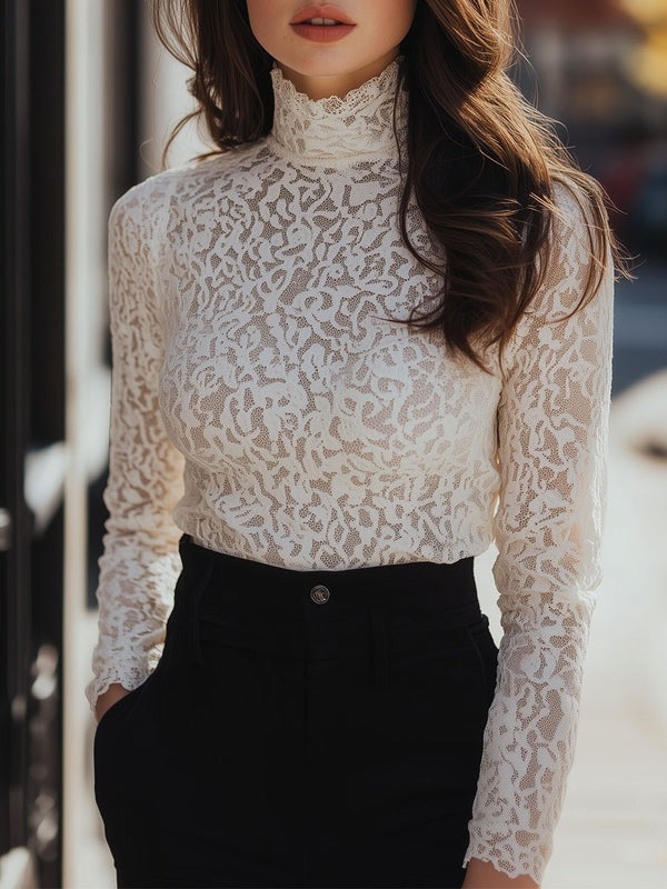 Laurence - Chemise en Dentelle Élégante Col Haut Femme