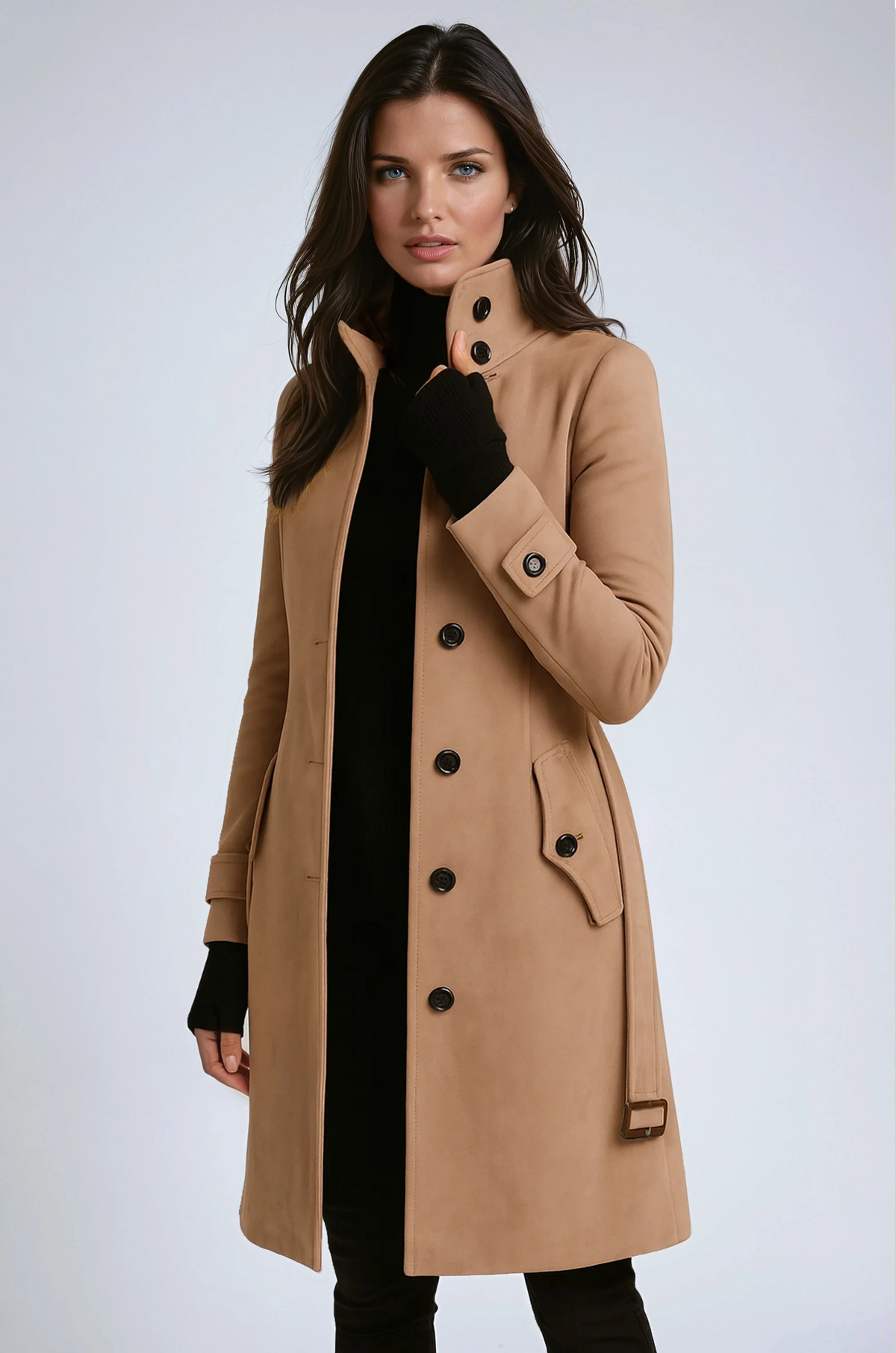 Sandrine | Manteau Élégant Col Montant Ceinturé