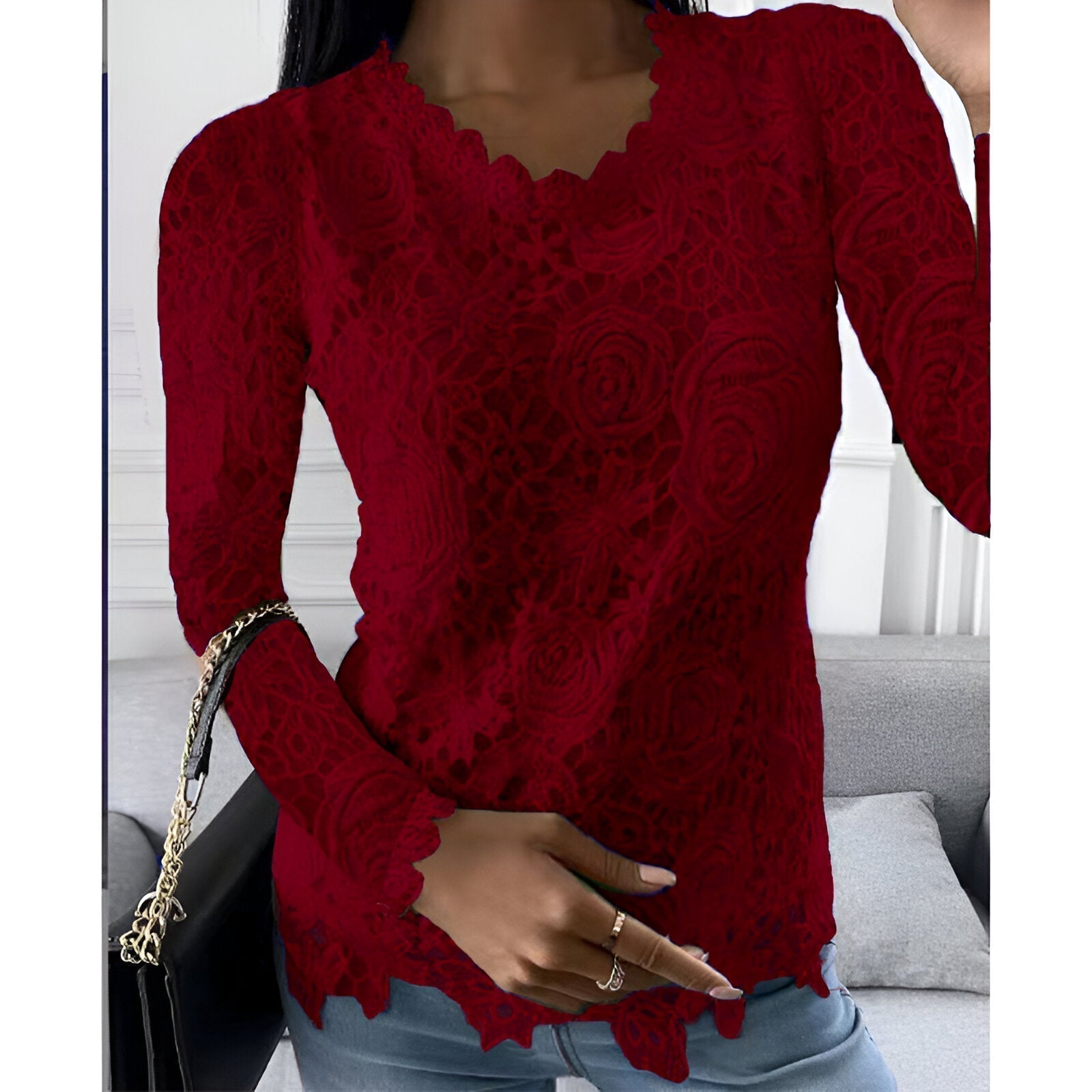 Top Femme En Dentelle Manches Longues Col V Élégant - Adèle