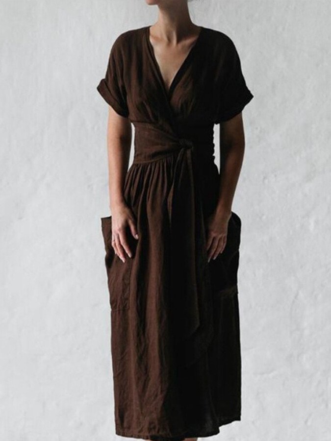 Robe Portefeuille Femme En Lin Midi Ceinture - Léonie