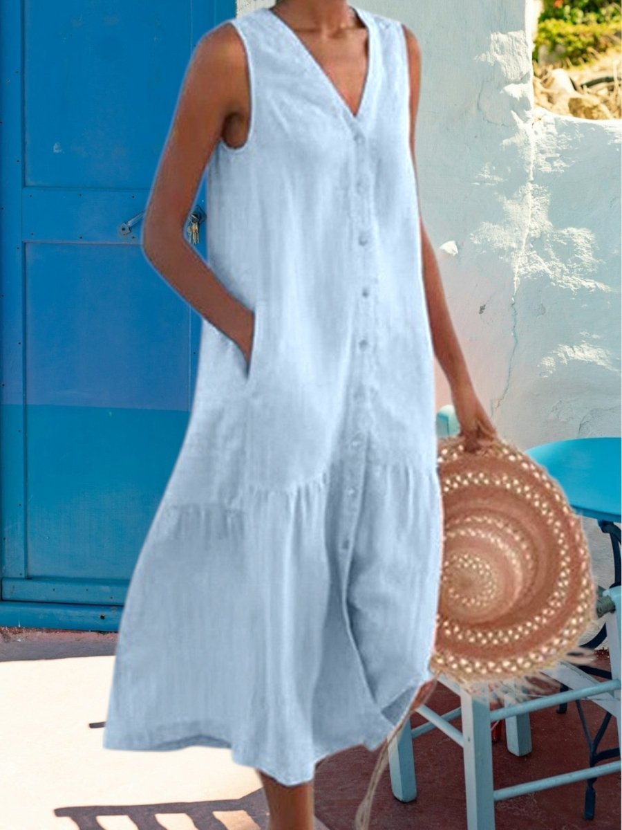 Noémie - Robe Midi Lin Sans Manches Boutonnée Femme