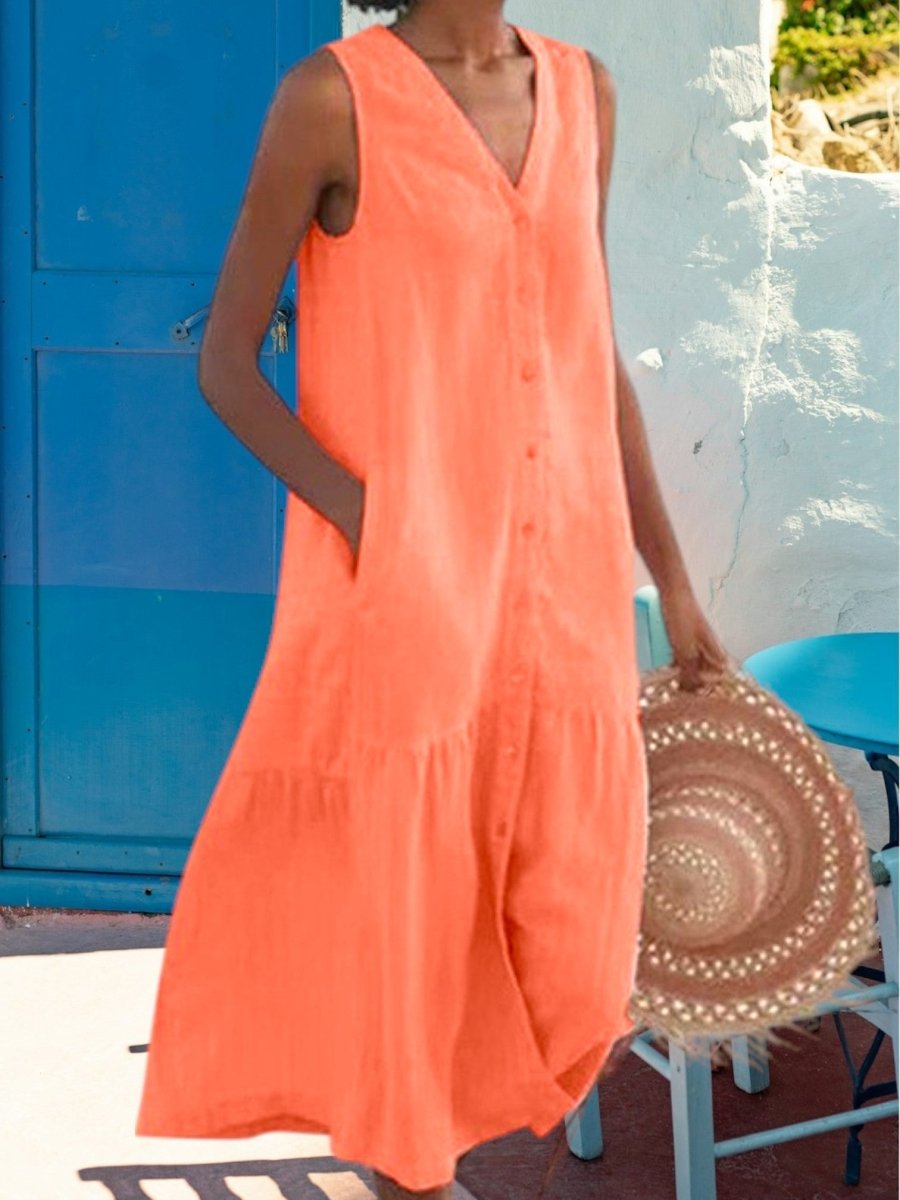 Noémie - Robe Midi Lin Sans Manches Boutonnée Femme