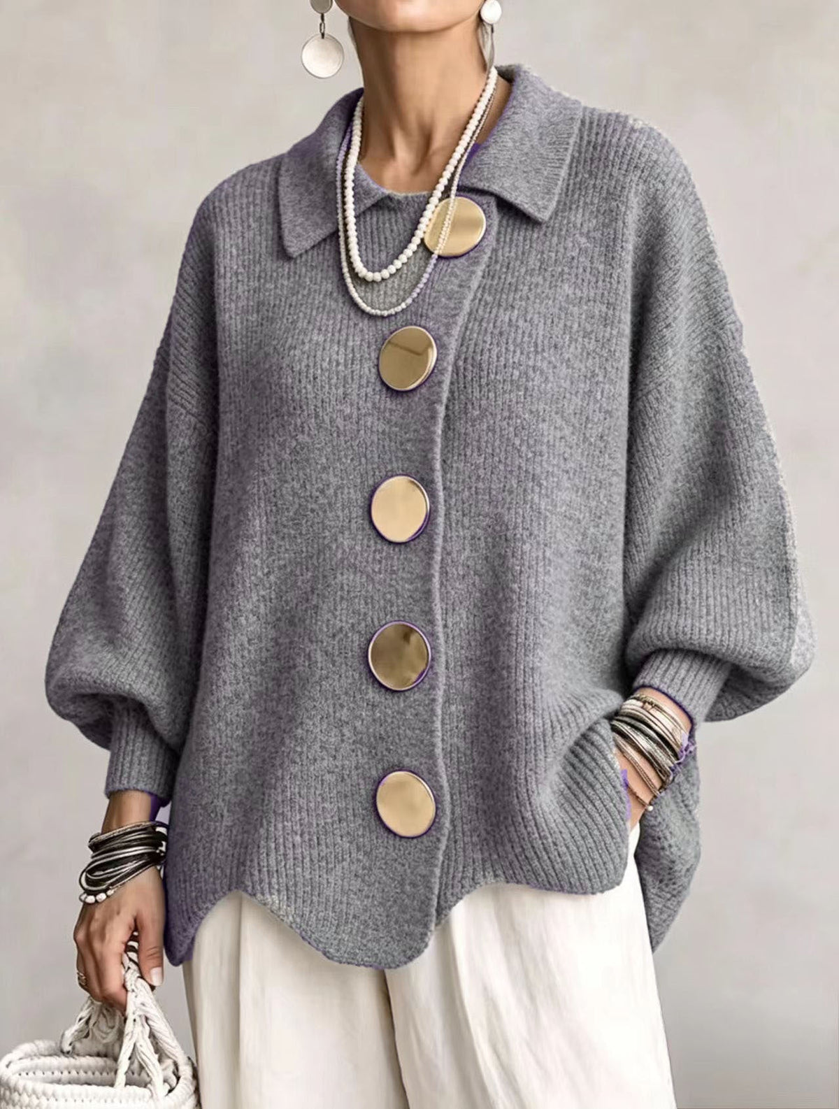Caroline - Cardigan Élégant Oversize Boutons Dorés