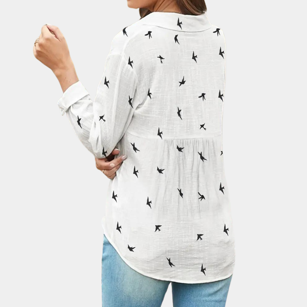 Audrey - Chemise Imprimée Oiseaux Manches Longues Femme