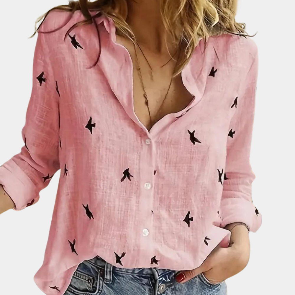 Audrey - Chemise Imprimée Oiseaux Manches Longues Femme