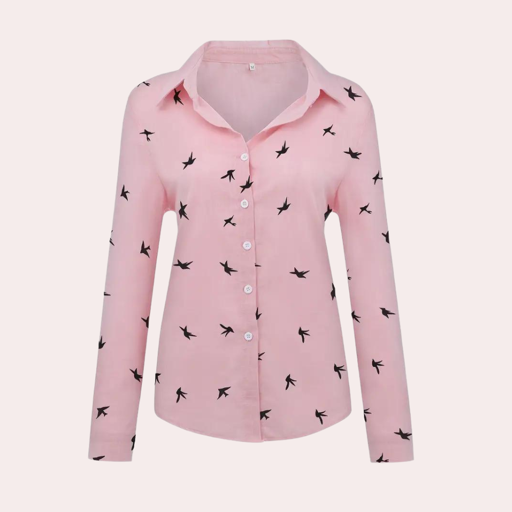 Audrey - Chemise Imprimée Oiseaux Manches Longues Femme