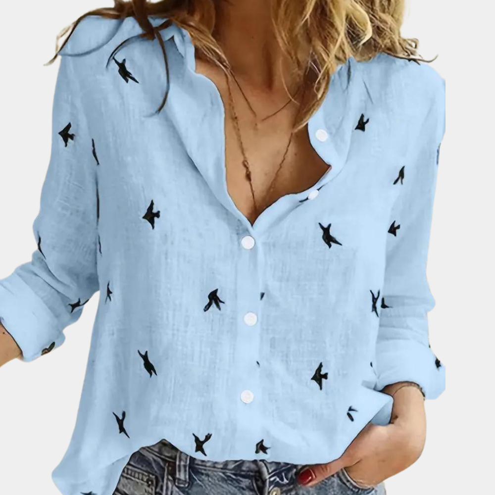Audrey - Chemise Imprimée Oiseaux Manches Longues Femme