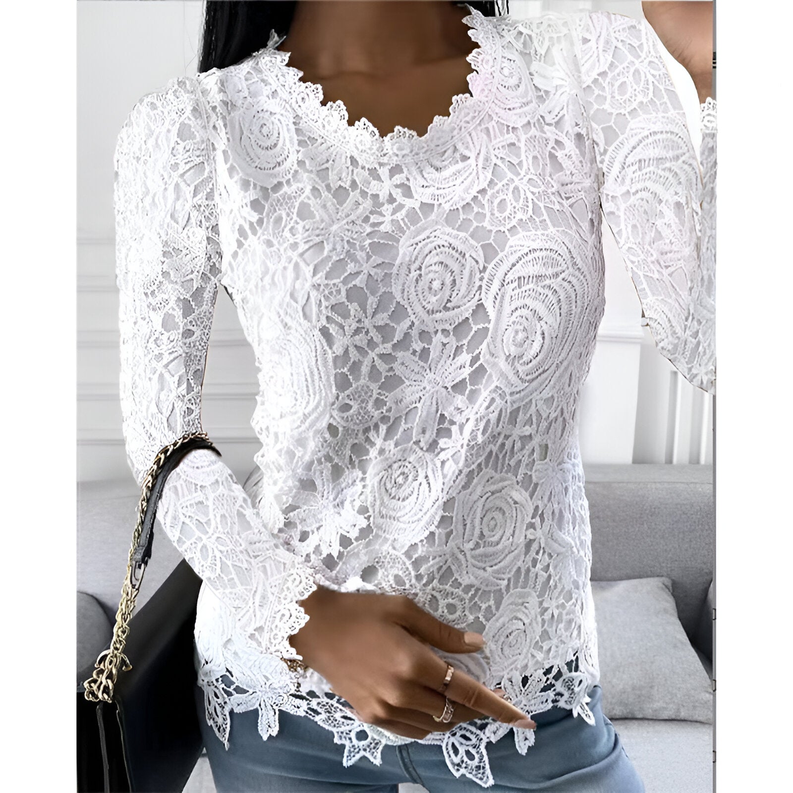 Top Femme En Dentelle Manches Longues Col V Élégant - Adèle