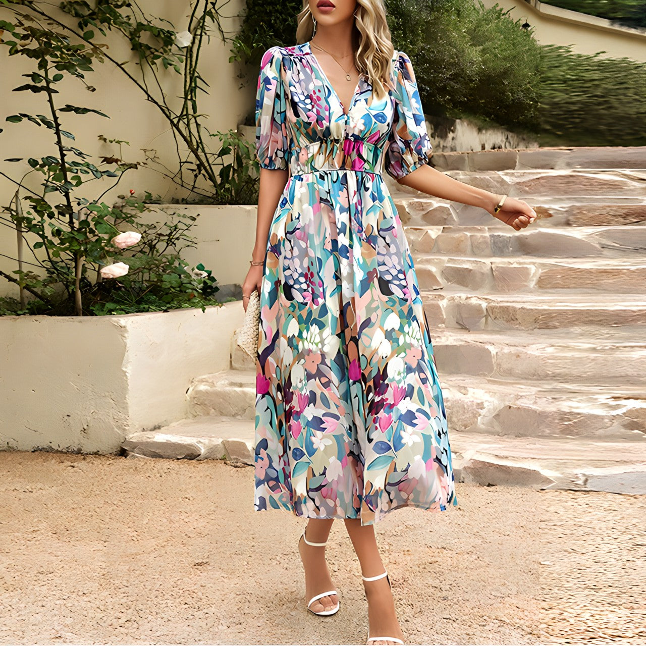 Mireille - Robe Midi Fleurie Col V Élégante