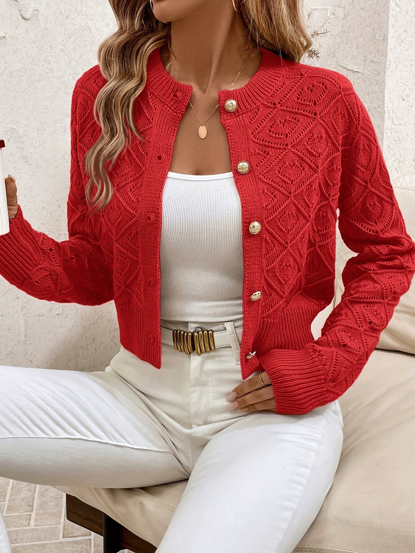 Camille - Cardigan Élégant Boutonné Ajouré