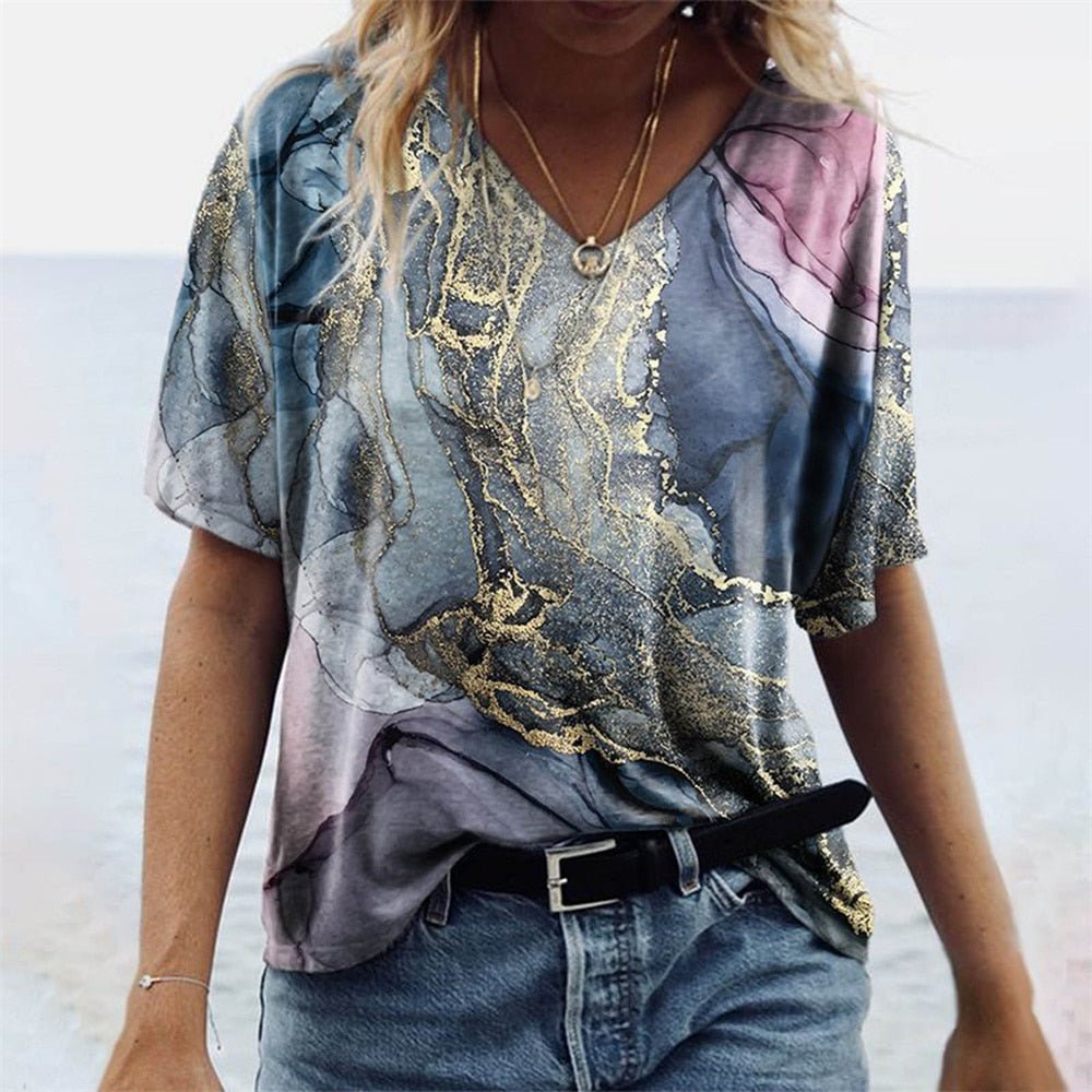 T-Shirt Femme Imprimé Col V Manches Courtes - Sidonie