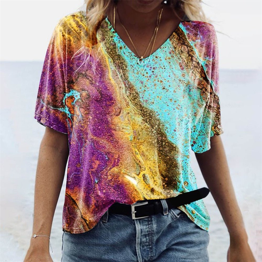 T-Shirt Femme Imprimé Col V Manches Courtes - Sidonie