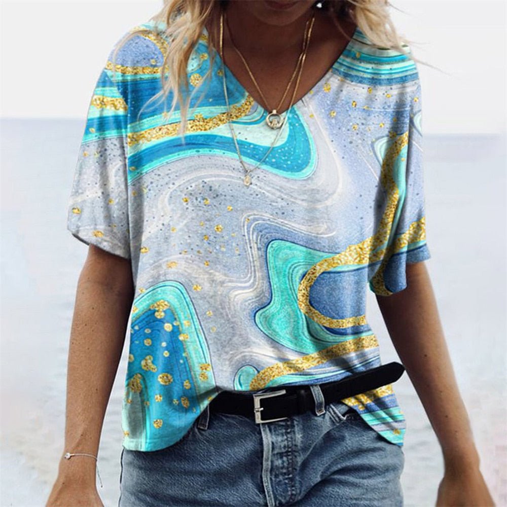 T-Shirt Femme Imprimé Col V Manches Courtes - Sidonie