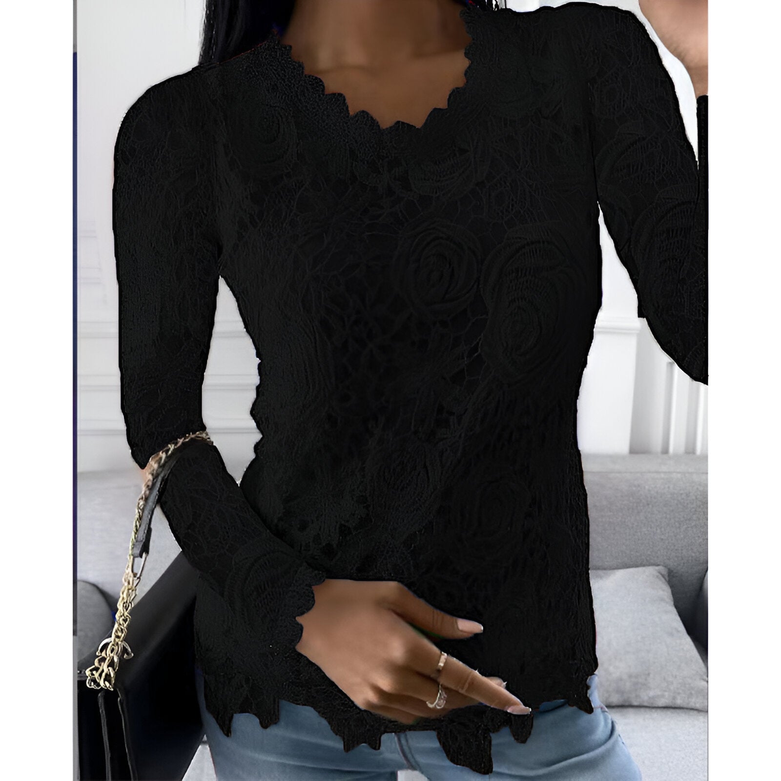 Top Femme En Dentelle Manches Longues Col V Élégant - Adèle