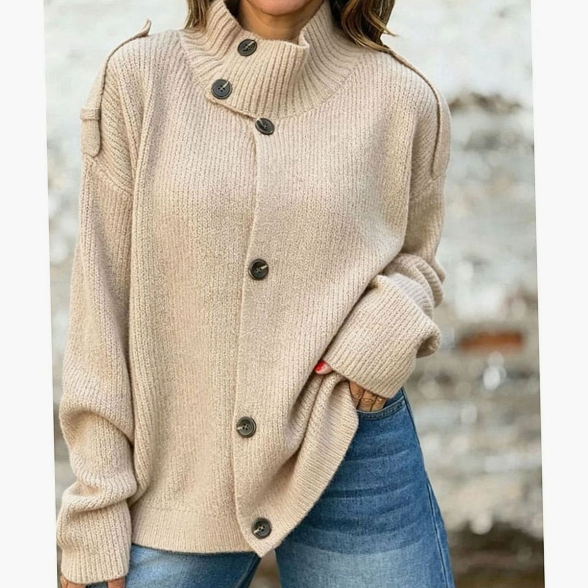 Priya - Cardigan Élégant Oversize Col Montant