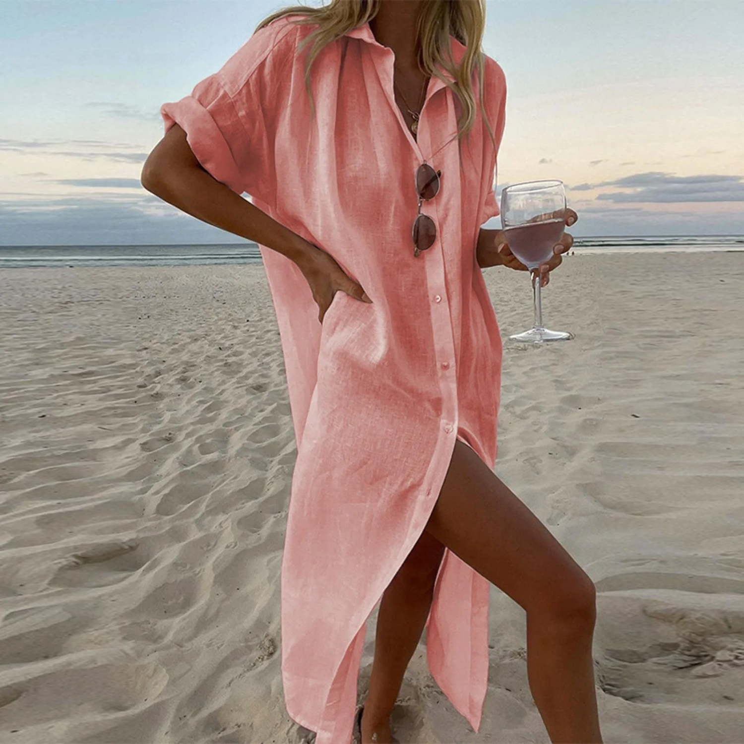 Élodie - Robe Chemise Avec Fentes Hautes Et Détails De Boutons Élégants