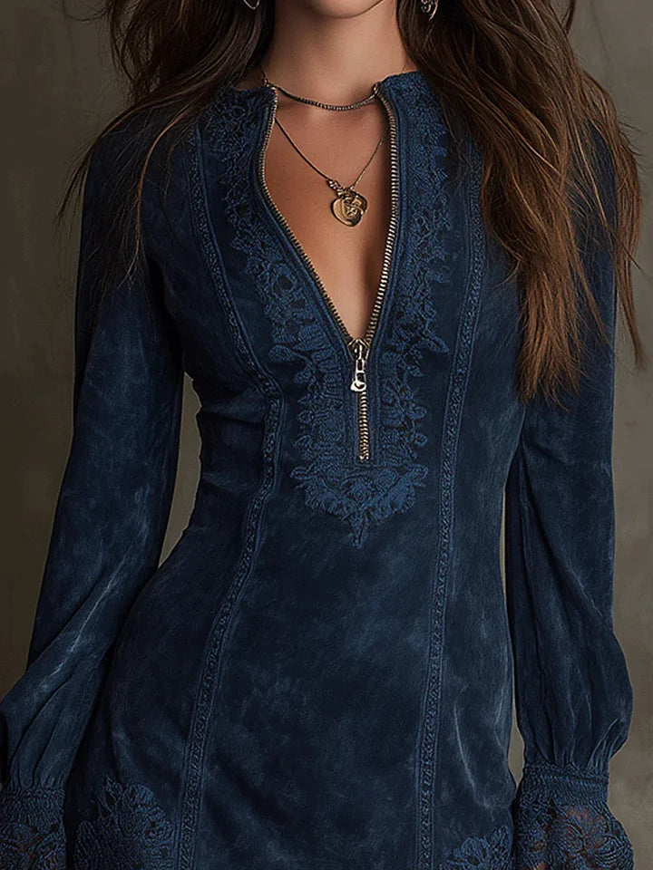 Carine - Robe Courte Femme en Suède et Dentelle