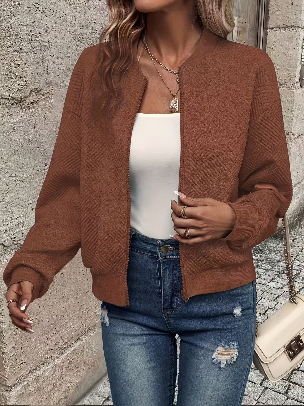 Aurélie - Veste Élégante Texturée Zippée
