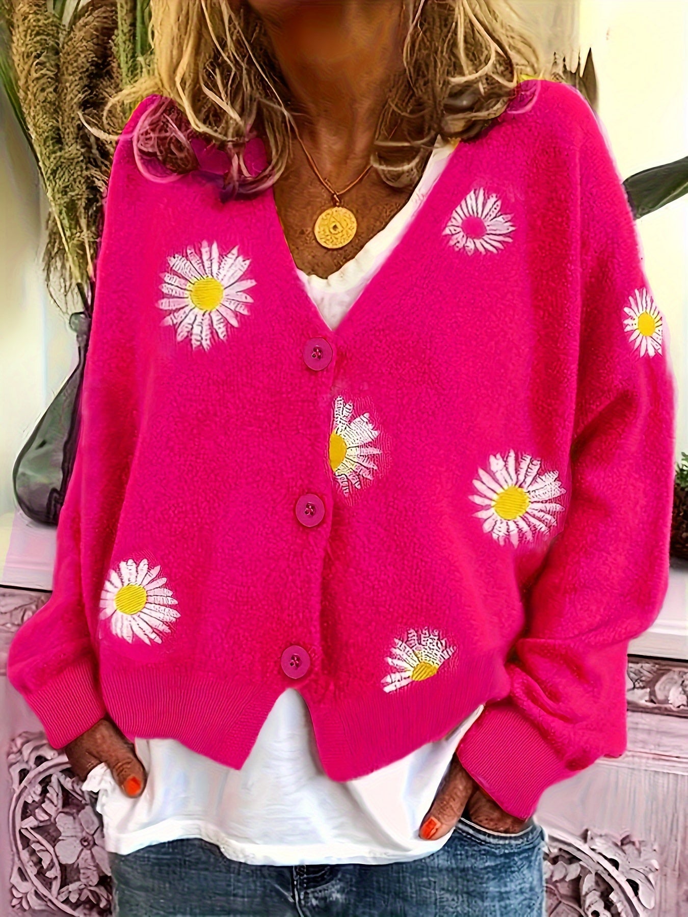 Nathalie - Cardigan Féminin Boutonné Fleuri