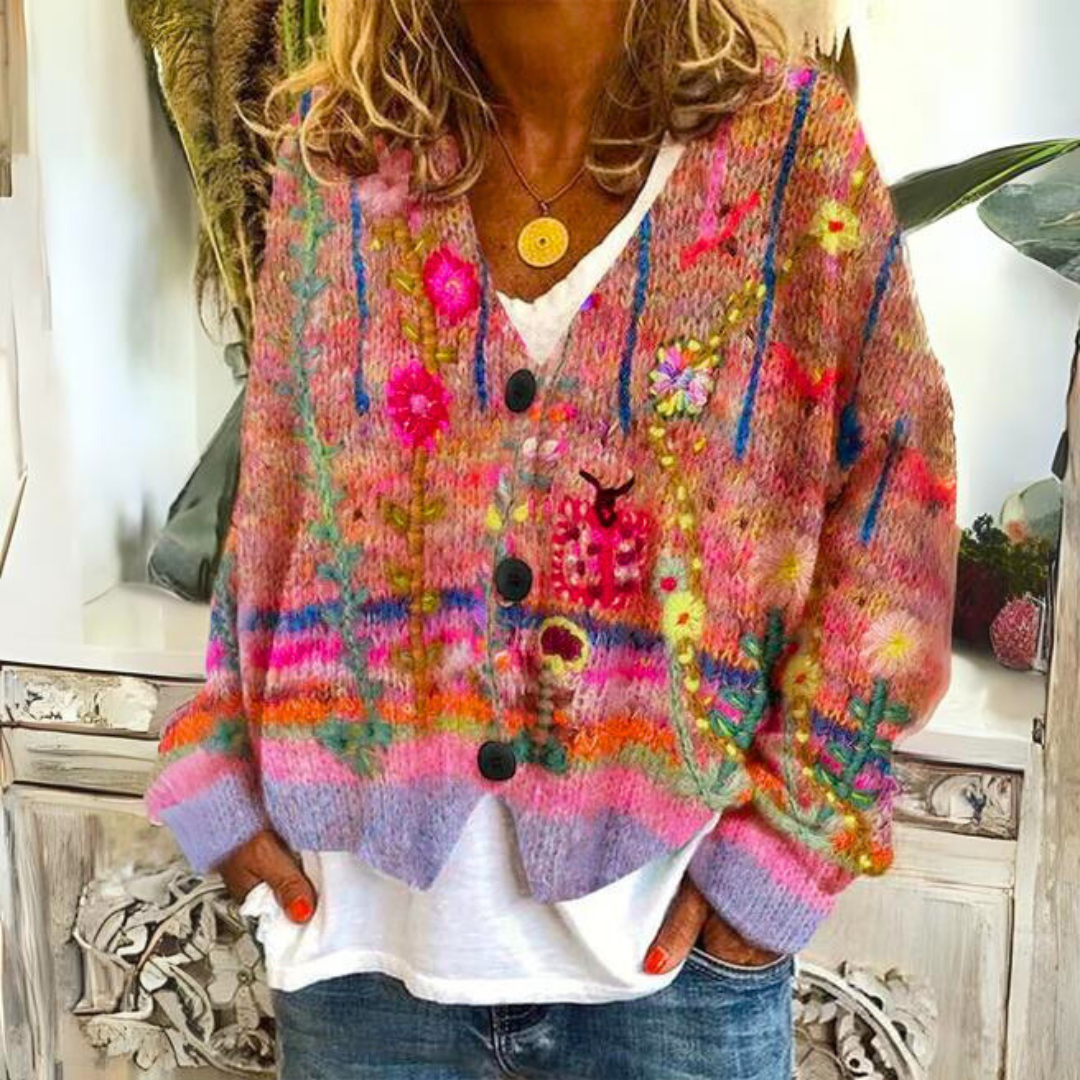 Charlotte - Cardigan Bohème Multicolore Broderies Florales Femme