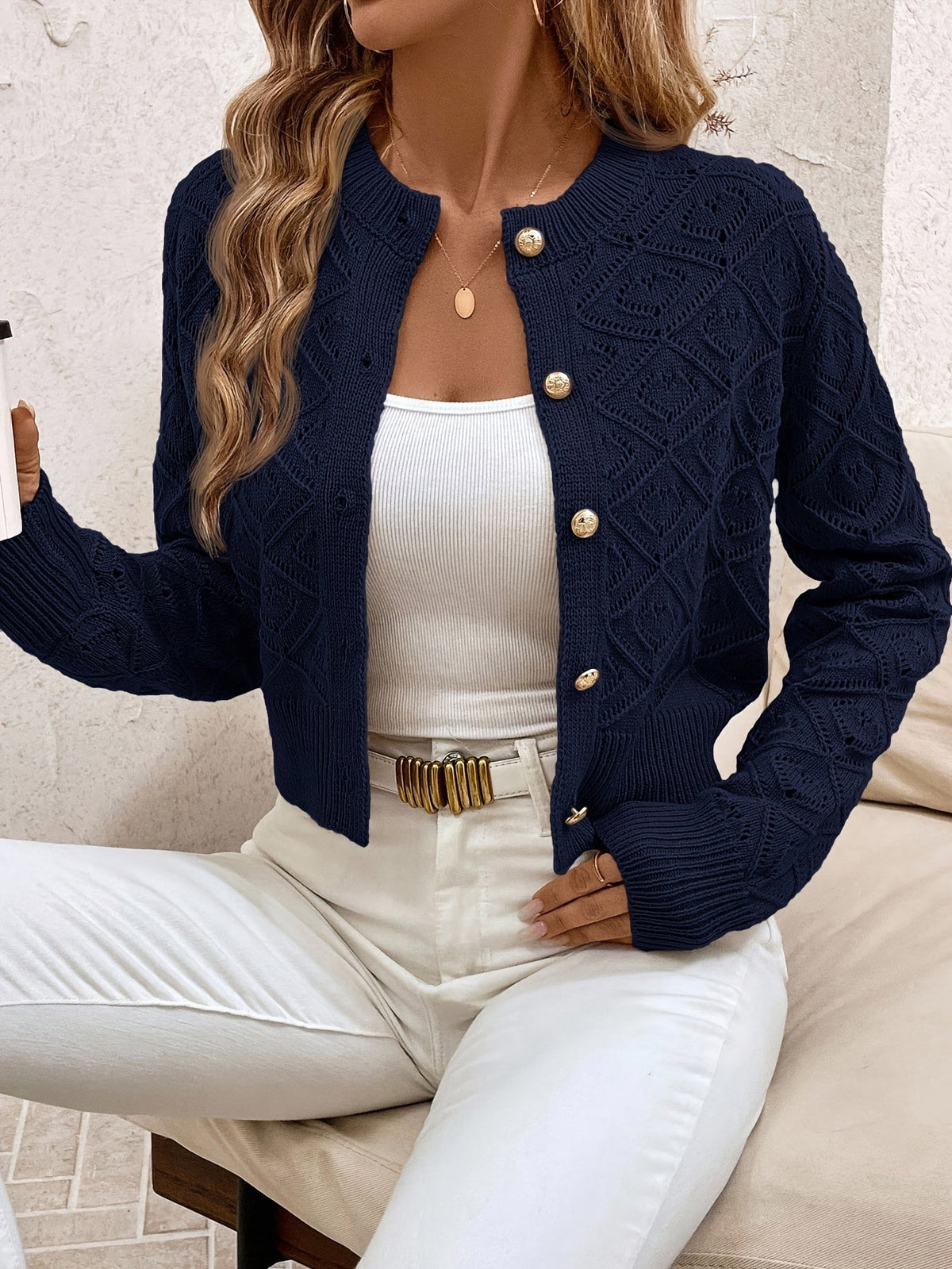 Camille - Cardigan Élégant Boutonné Ajouré