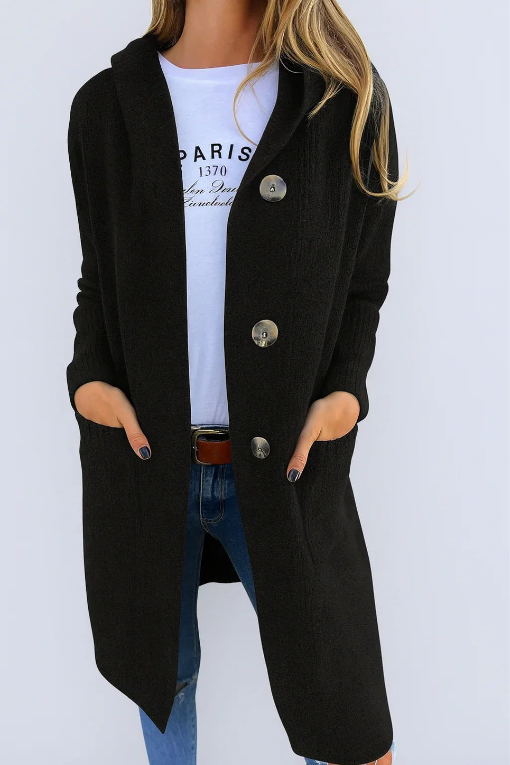 Nathalie - Cardigan Élégant Long à Capuche