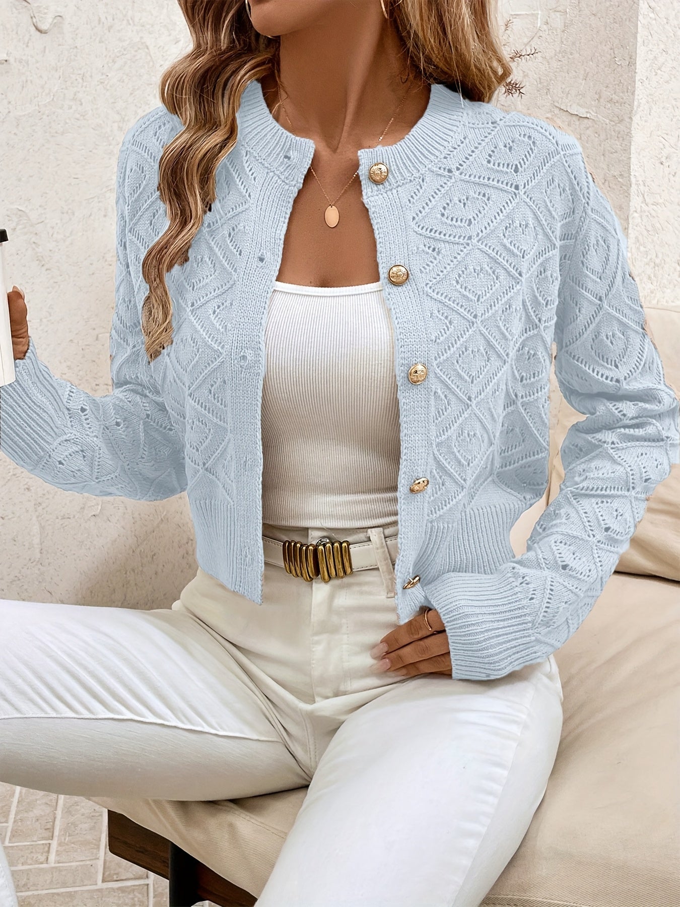 Camille - Cardigan Élégant Boutonné Ajouré