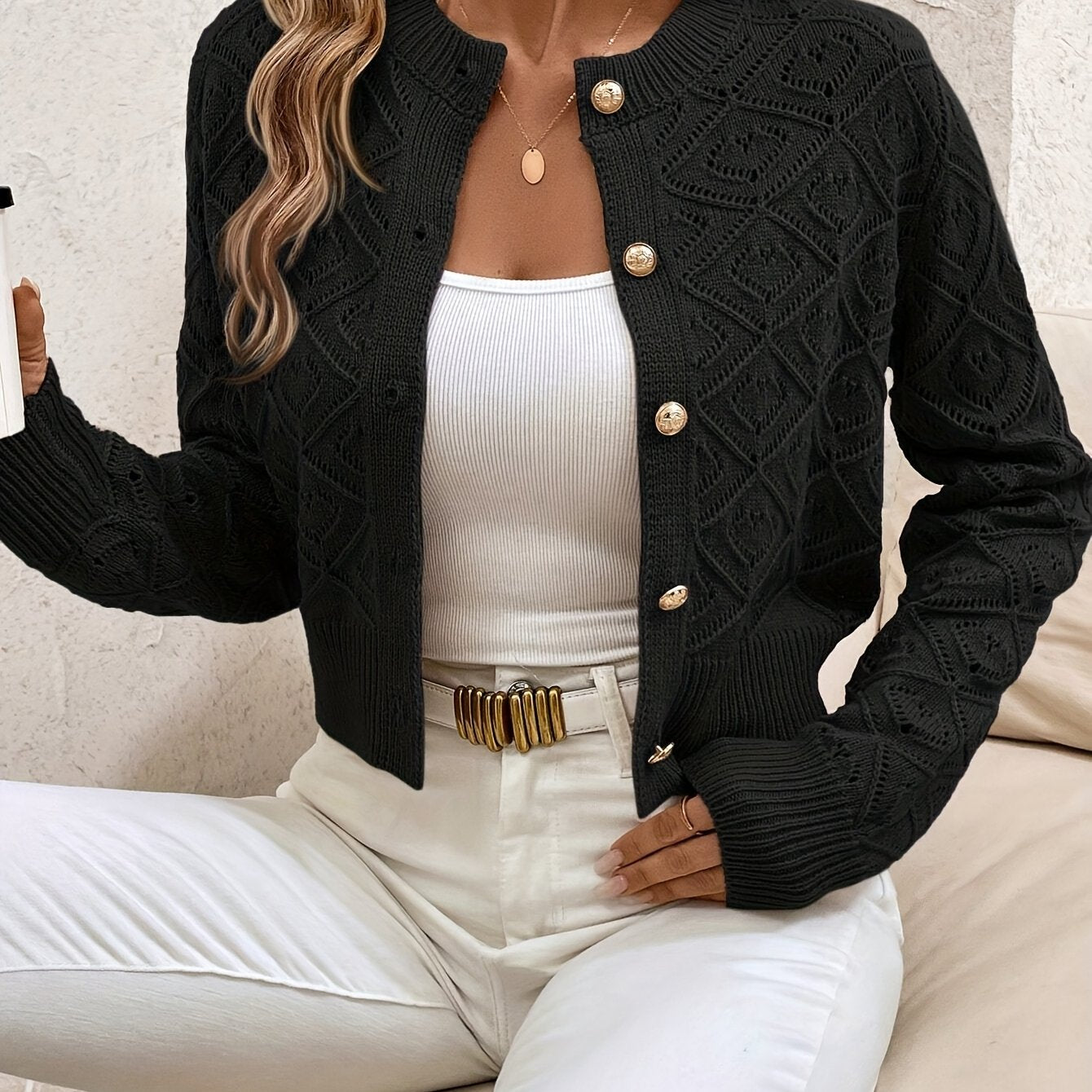 Camille - Cardigan Élégant Boutonné Ajouré