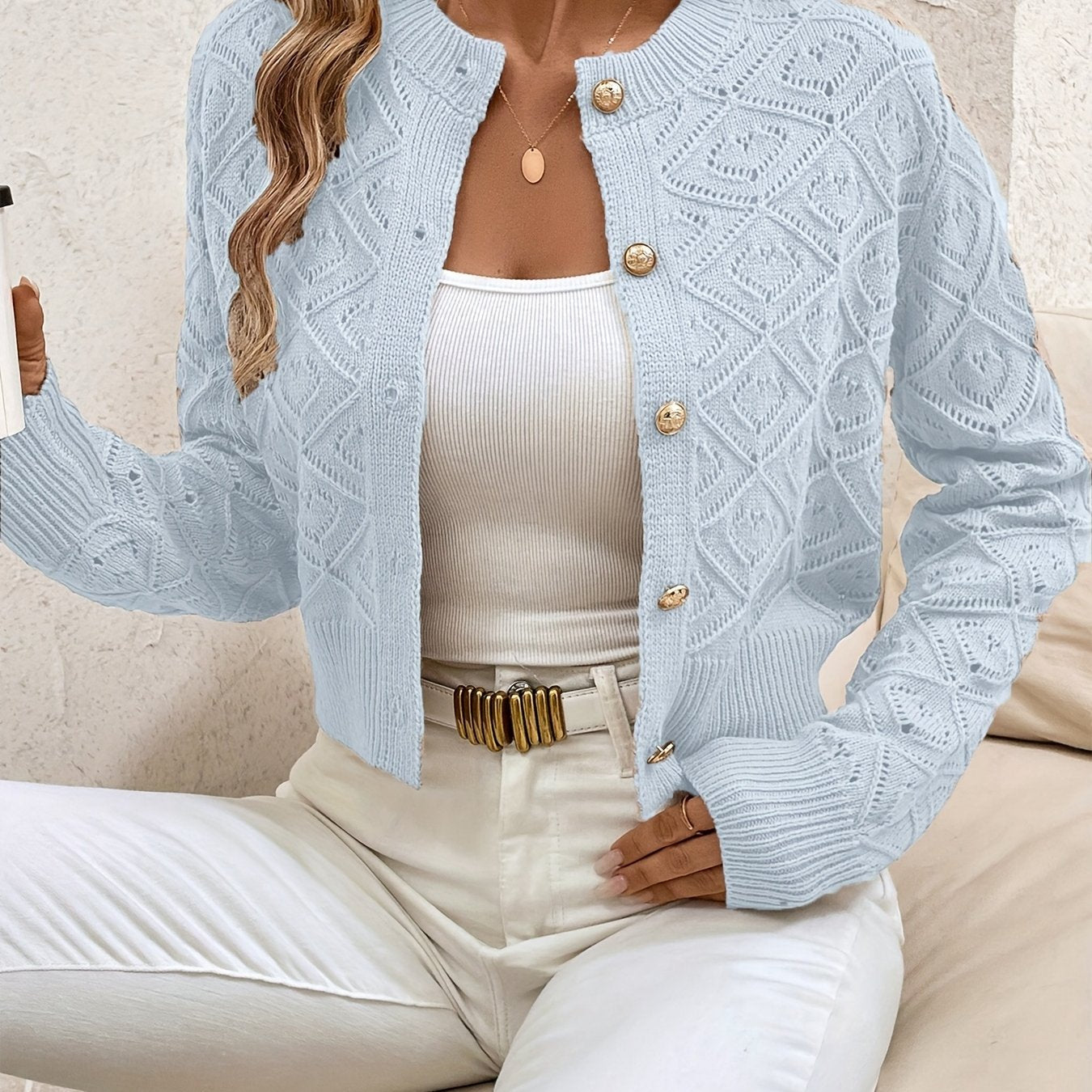 Camille - Cardigan Élégant Boutonné Ajouré