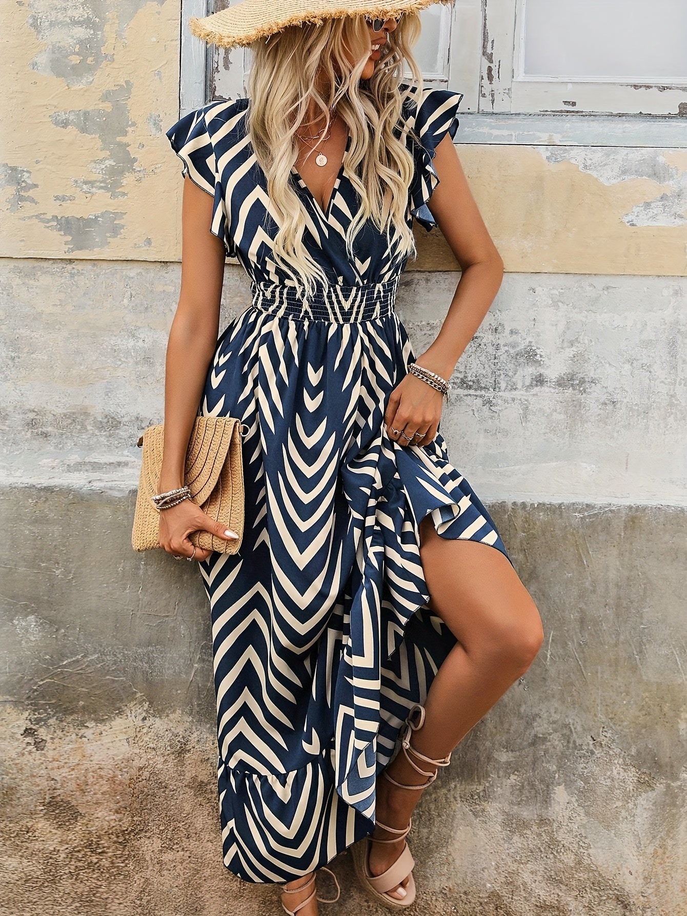 Soclo - Robe Imprimée Bleue Aux Motifs Originaux
