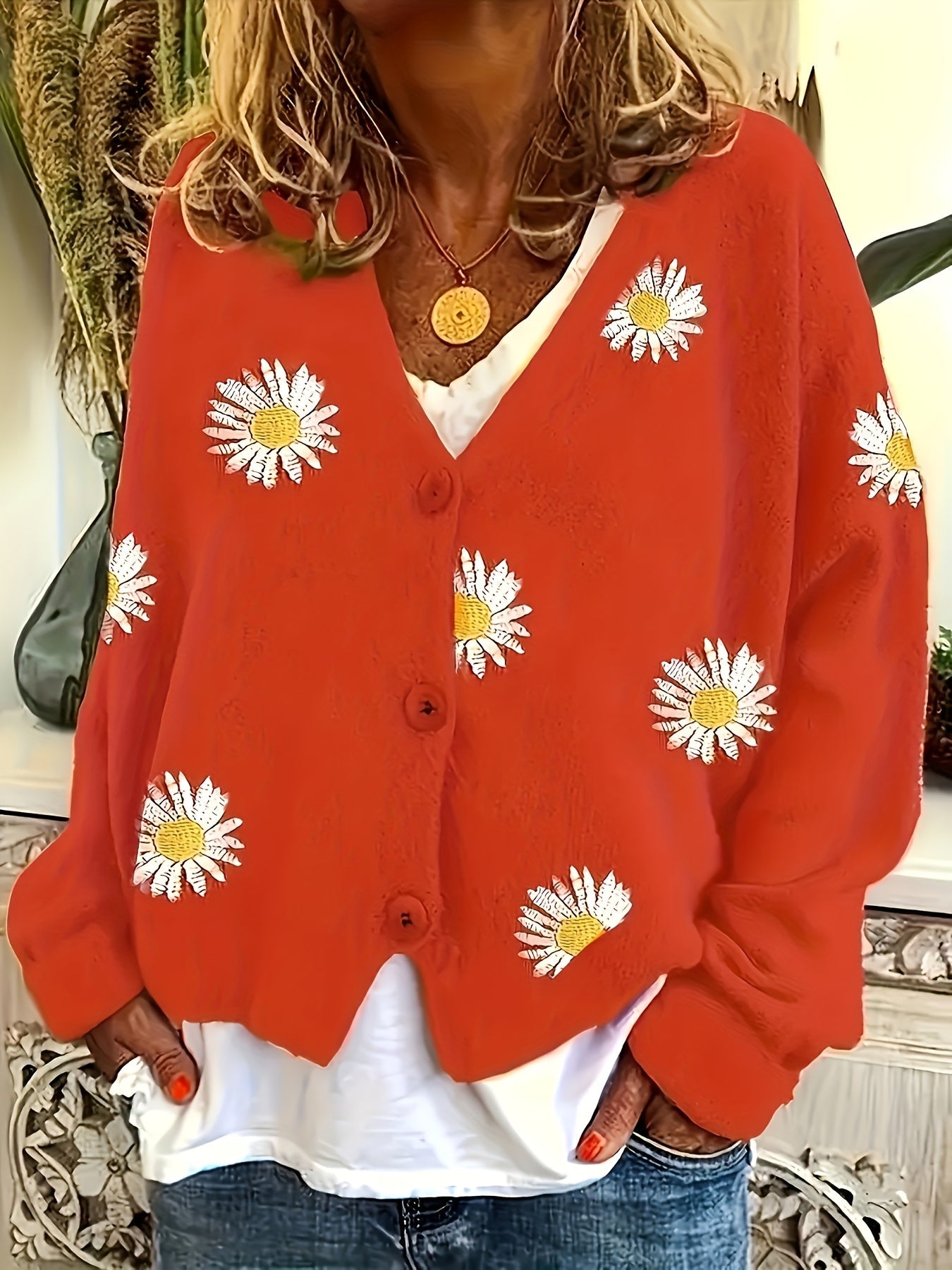 Nathalie - Cardigan Féminin Boutonné Fleuri