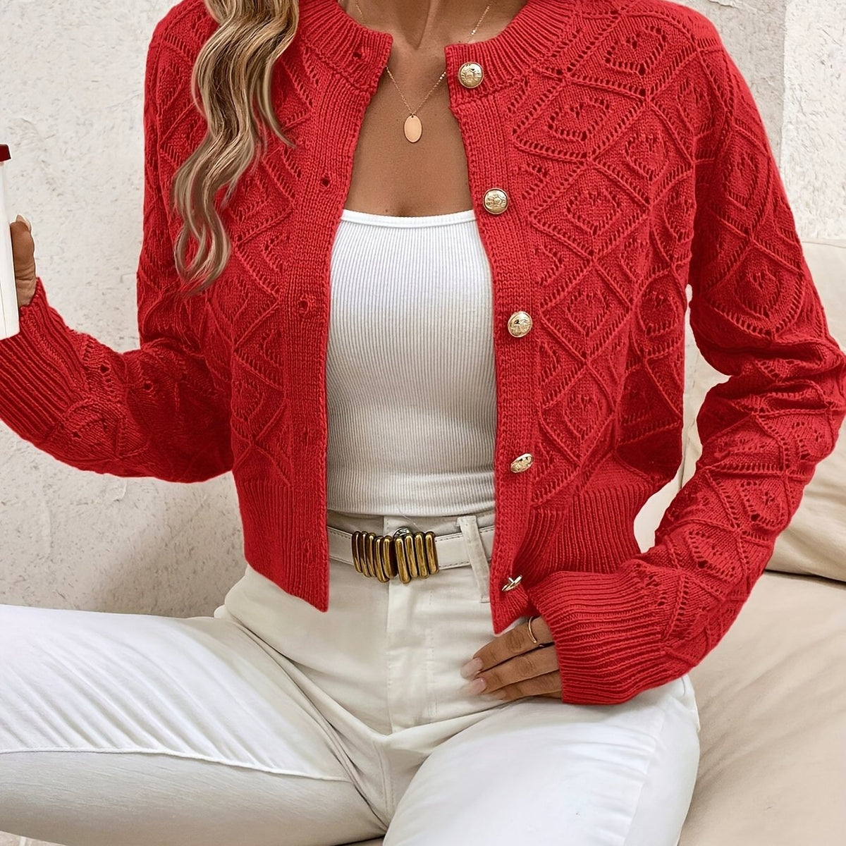 Camille - Cardigan Élégant Boutonné Ajouré