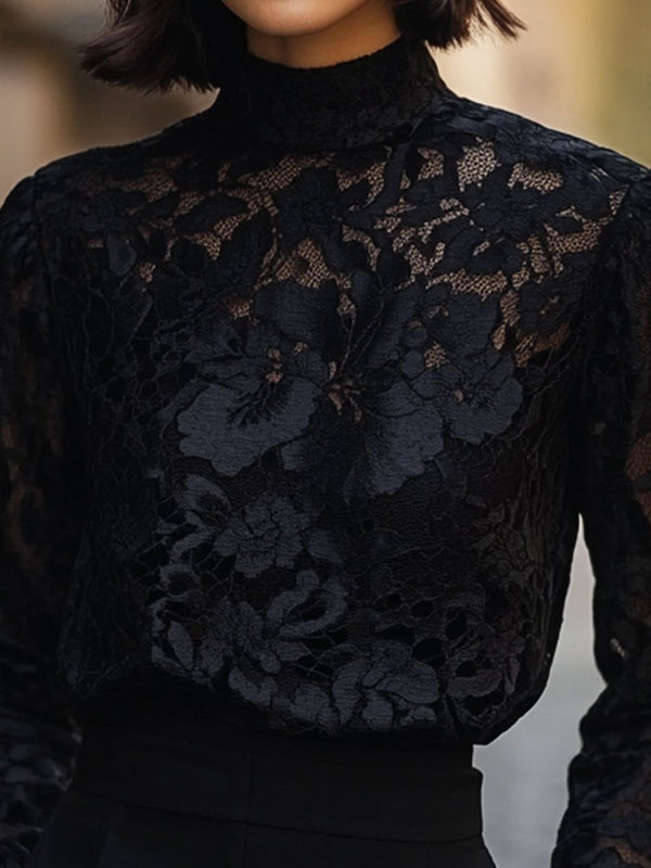 Laurence - Chemise en Dentelle Élégante Col Haut Femme