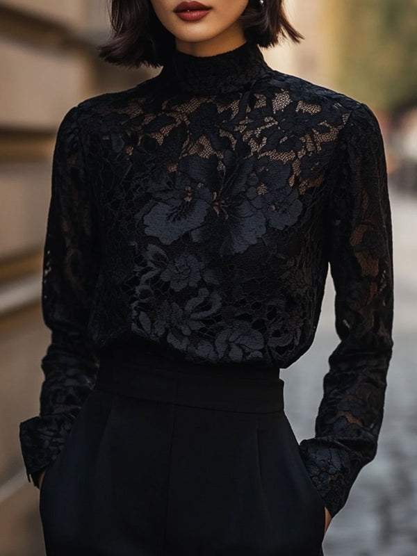 Laurence - Chemise en Dentelle Élégante Col Haut Femme
