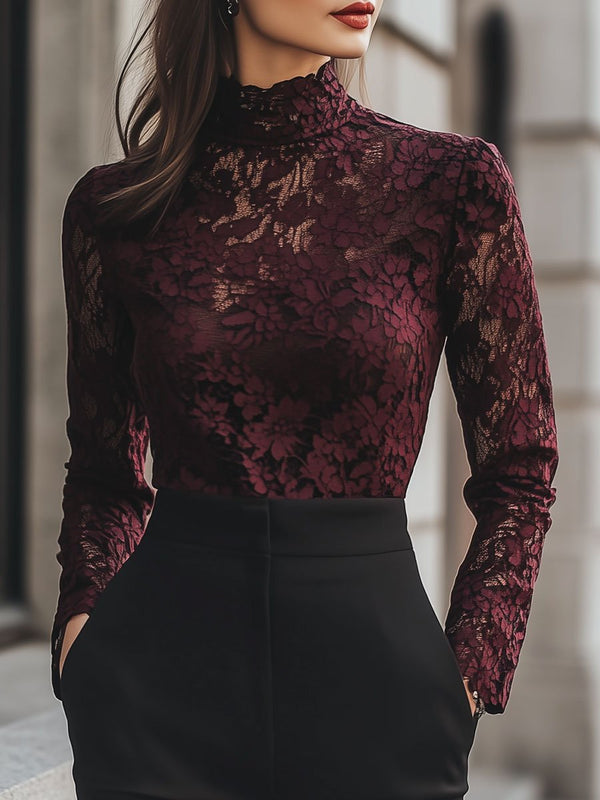 Laurence - Chemise en Dentelle Élégante Col Haut Femme