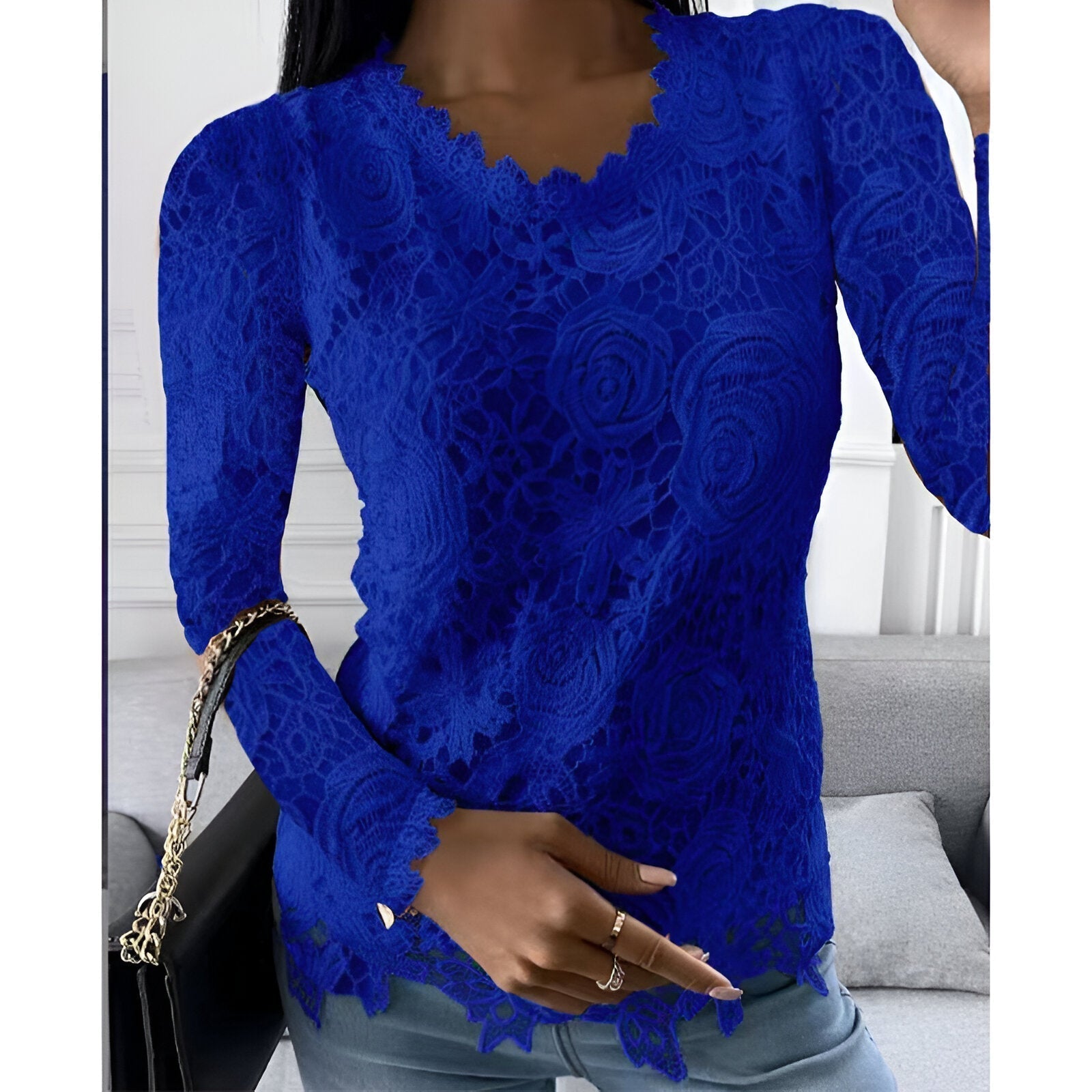 Top Femme En Dentelle Manches Longues Col V Élégant - Adèle