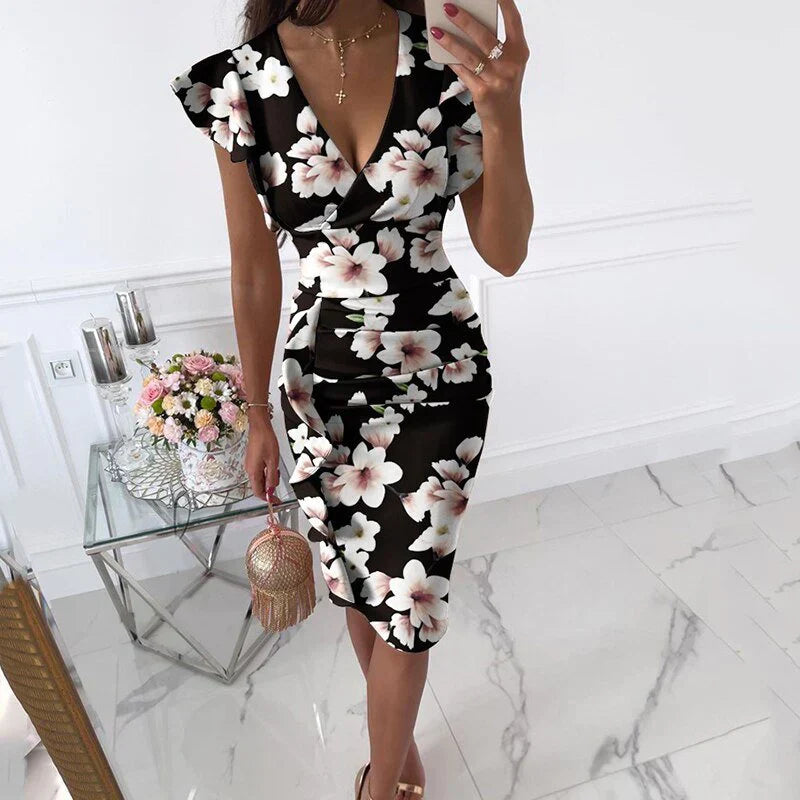 Josette - Robe À Manches Froncées Et Col En V Tendance - Coupe Fluide, Coton, Femme