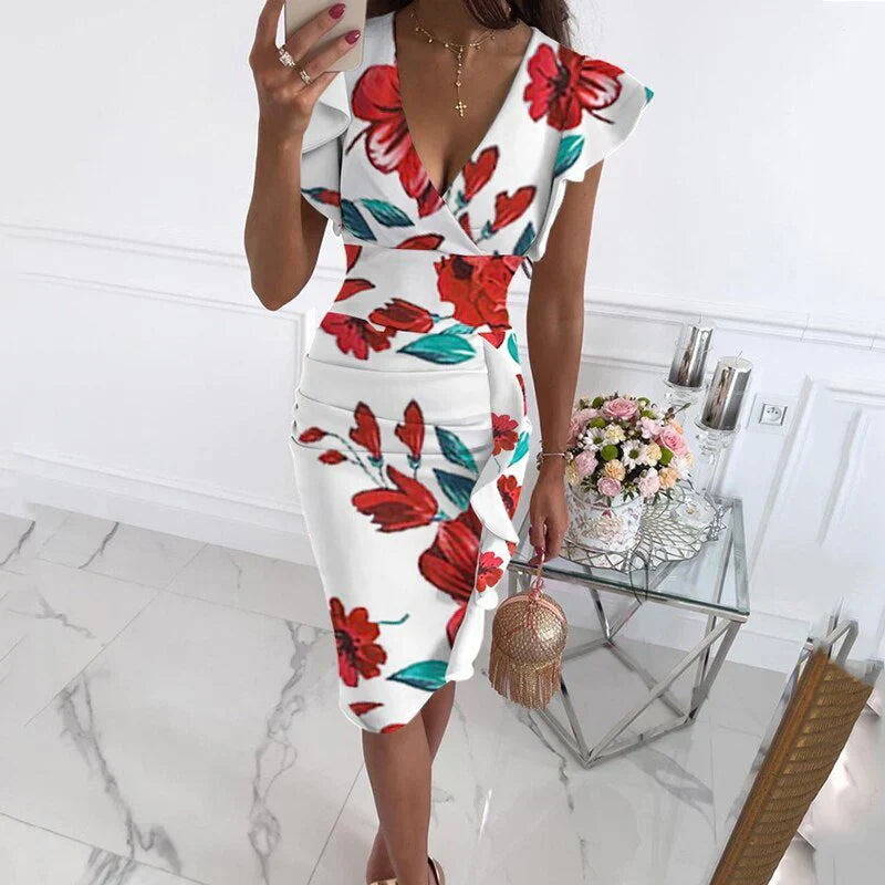 Josette - Robe À Manches Froncées Et Col En V Tendance - Coupe Fluide, Coton, Femme