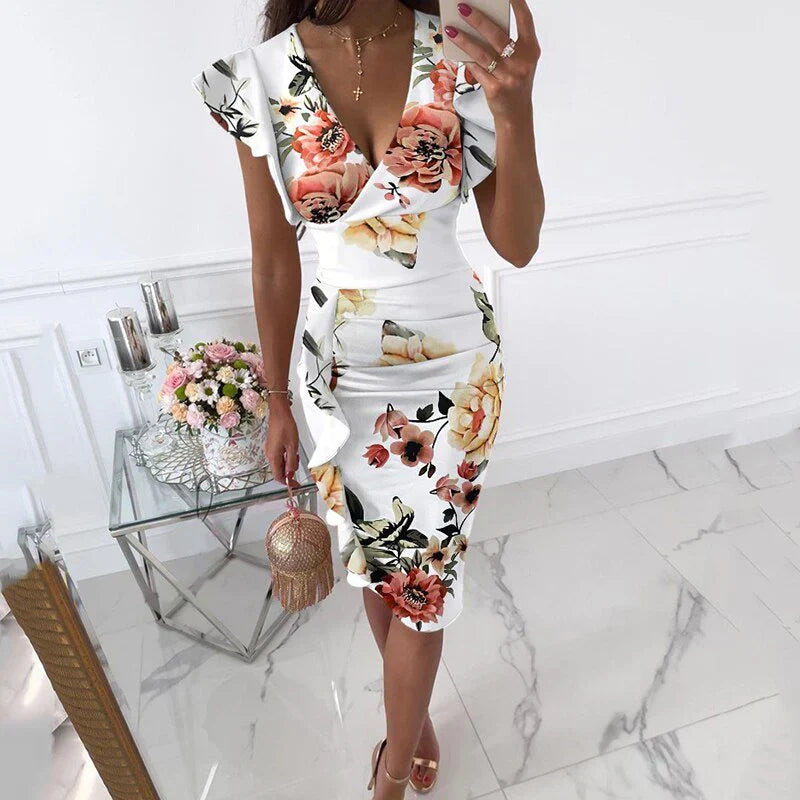 Josette - Robe À Manches Froncées Et Col En V Tendance - Coupe Fluide, Coton, Femme