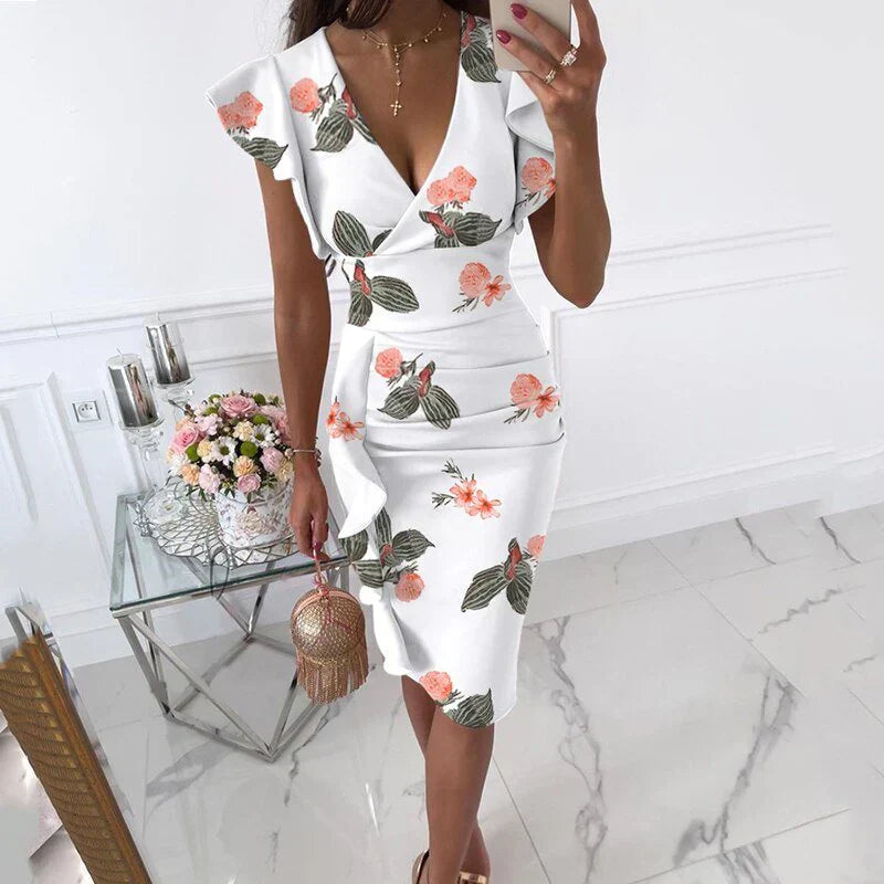 Josette - Robe À Manches Froncées Et Col En V Tendance - Coupe Fluide, Coton, Femme
