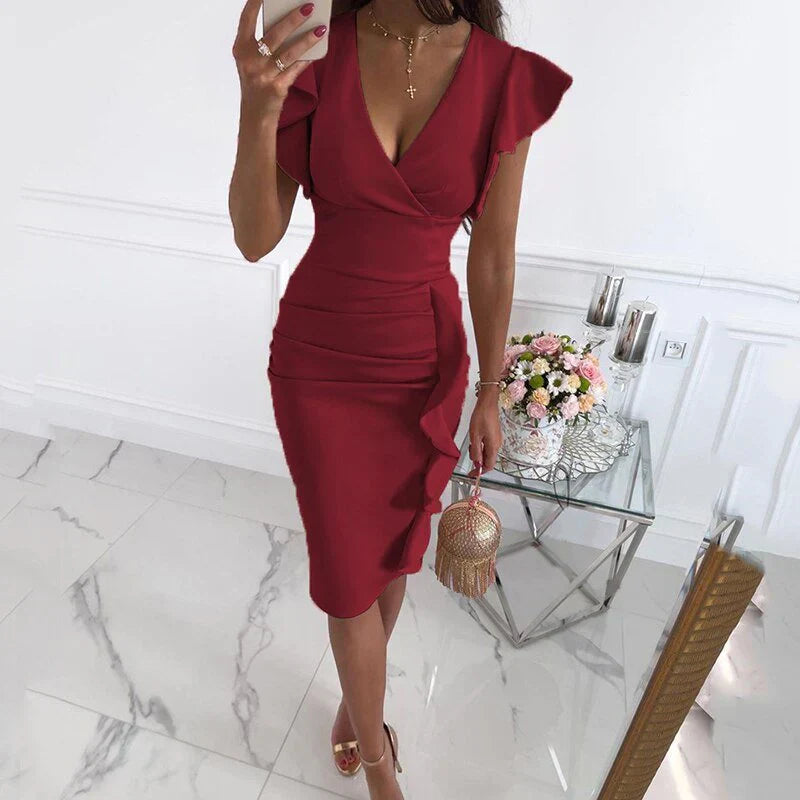 Josette - Robe À Manches Froncées Et Col En V Tendance - Coupe Fluide, Coton, Femme