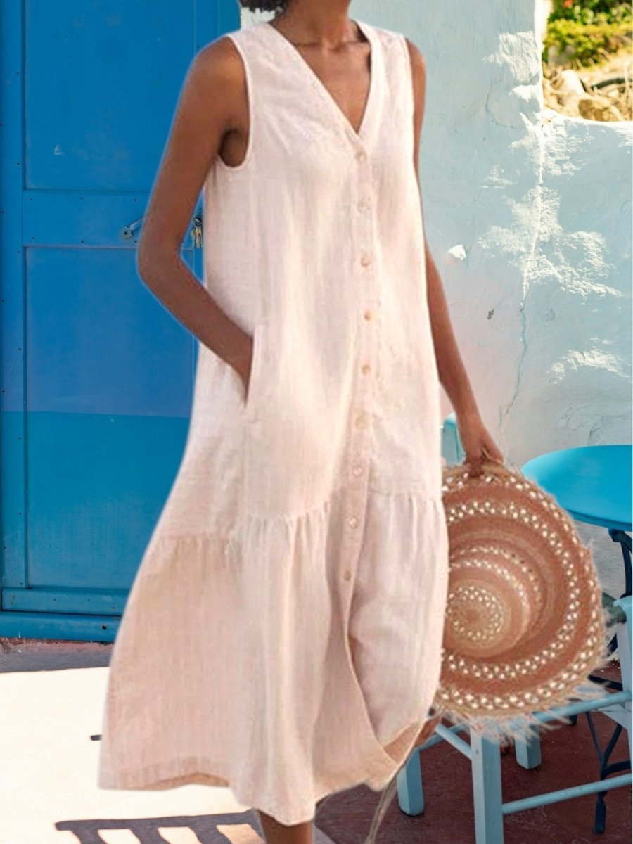 Noémie - Robe Midi Lin Sans Manches Boutonnée Femme