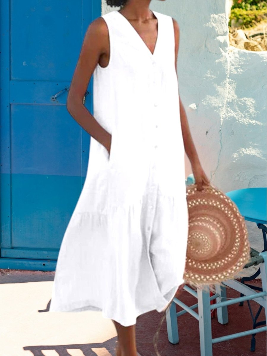 Noémie - Robe Midi Lin Sans Manches Boutonnée Femme